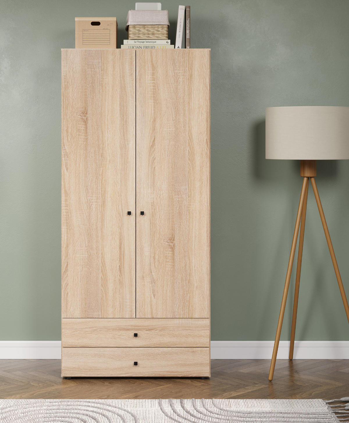 KLEIDERSCHRANK Eiche Sonoma hell 81 x 176 cm, Drehtürenschrank 2-türig mit Schubalden - Schwarz/Sonoma Eiche, Holzwerkstoff/Kunststoff (81/176/51cm) - Top.Furn