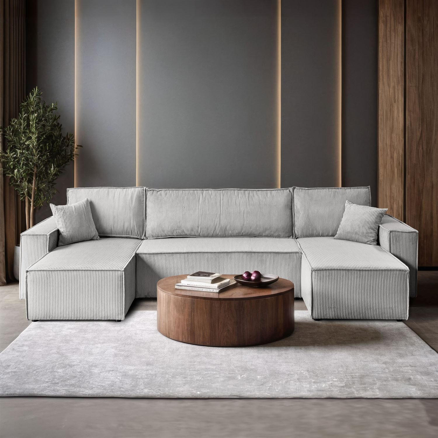 WOHNLANDSCHAFT Gepolstertes CARLO U Cord mit Schlaffunktion und Bettkasten, Poso 110 - Hellgrau, Textil (315/83/143cm) - Lookway