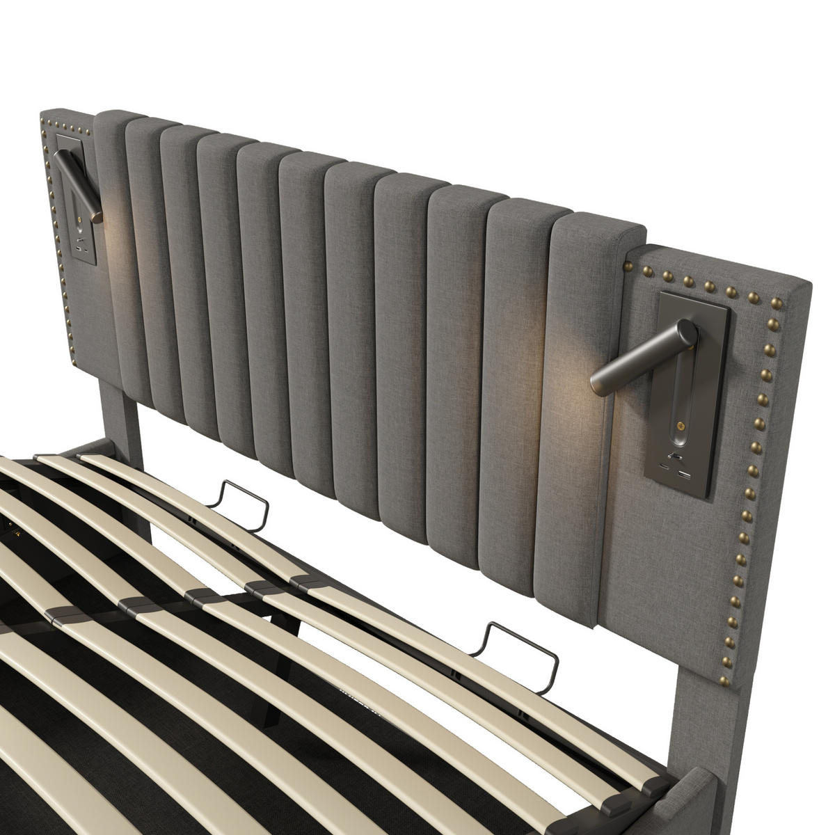ČALOUNĚNÁ postel 160/200 cm šedá z bavlny s úložným prostorem, čtecím světlem a USB - šedá, textil (160/200cm) - OKWISH