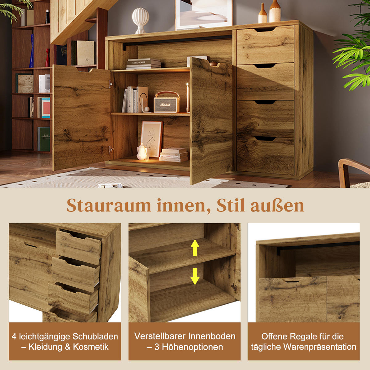 SIDEBOARD 150/40/90 cm mit 2 Türen, 4 Schubladen, offenem Fach und verstellbaren Einlegeböden, Eichefarben - Eichefarben, Holzwerkstoff (150/90/40cm) - Redom