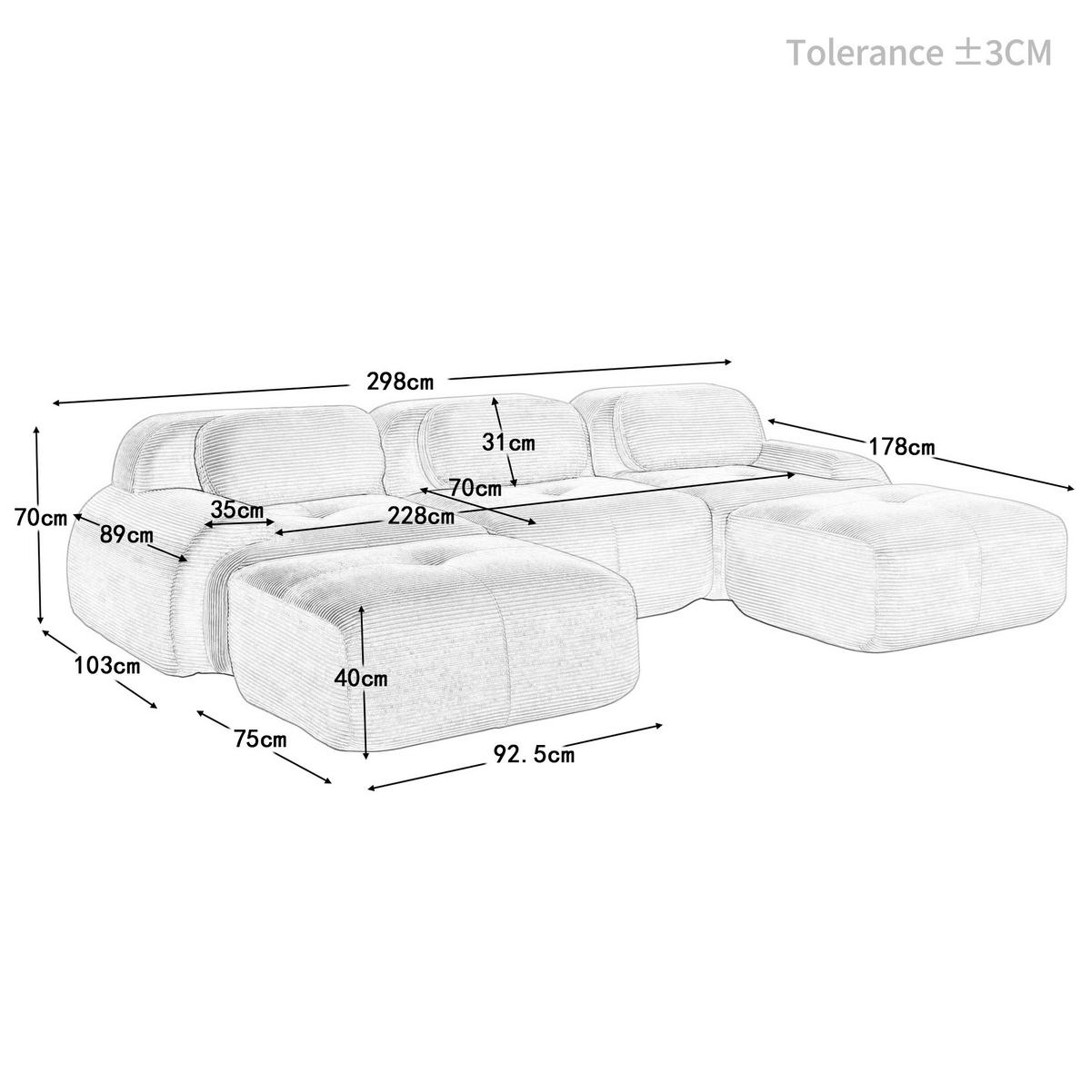 ECKSOFA 298/178/70 cm Beige aus Cordstoff mit 32D-Schaum, rahmenlos und montagefrei - Beige, Textil (178/298cm) - OKWISH