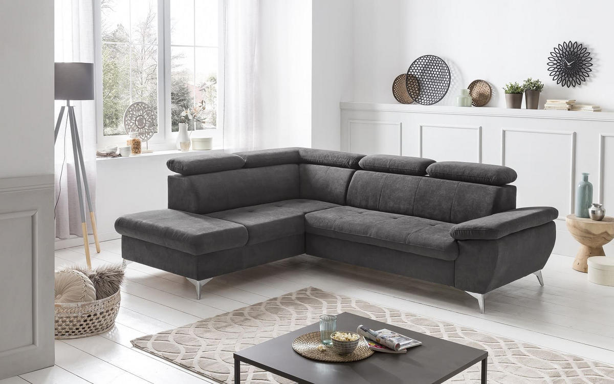 ECKSOFA mit Schlaffunktion und praktischem Bettkasten - Chromfarben/Anthrazit, Textil/Metall (256/209cm) - Cotta