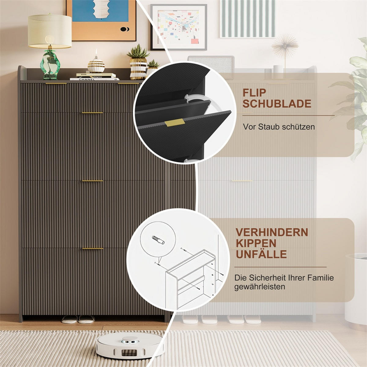 SCHUHSCHRANK im modernen Design - Kompakter Kipp-Schuhkipper mit Schubladen & 3 Klappen - Schwarz - Schwarz, Holzwerkstoff (24.2/133.5/77.1cm) - DELFA