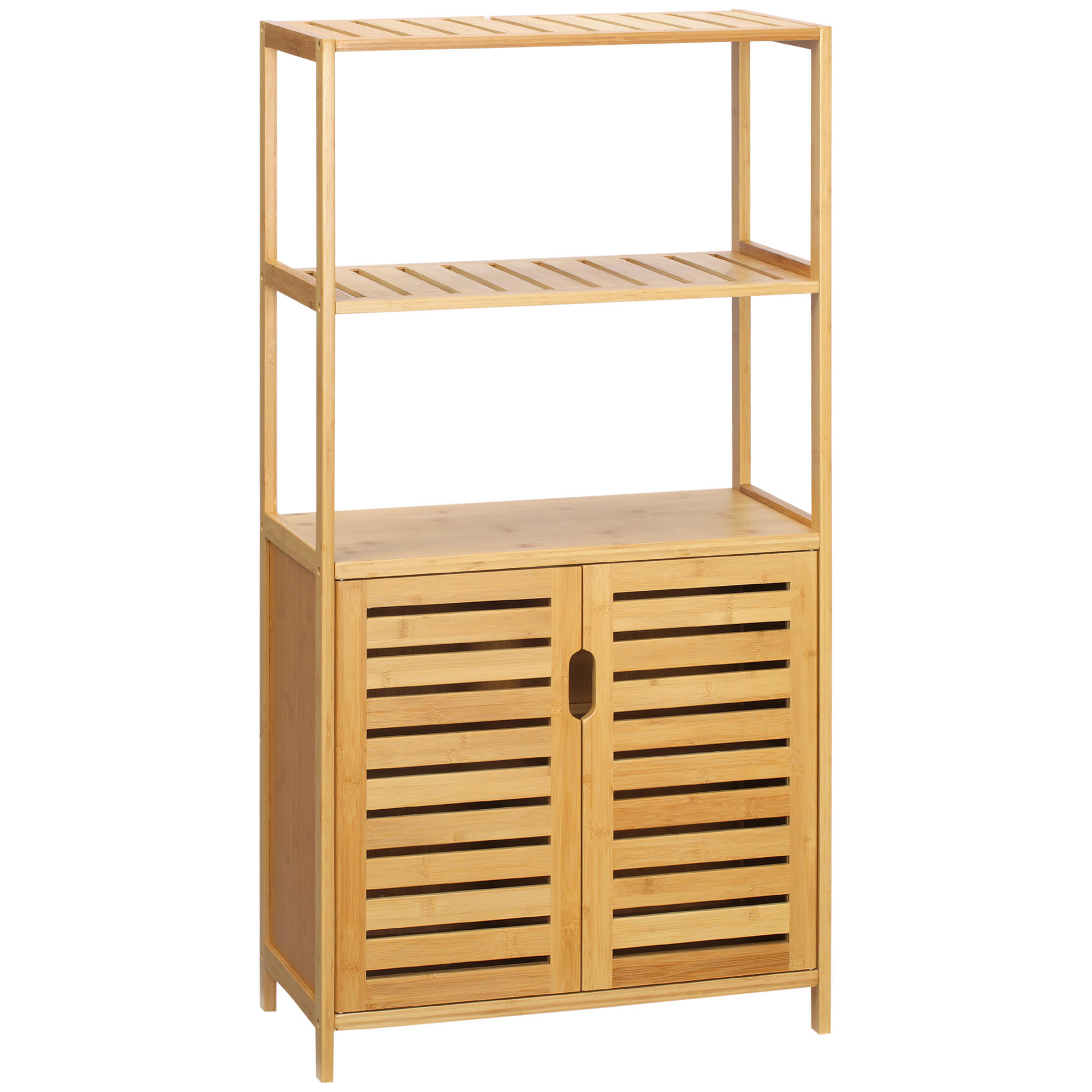 BADEZIMMERSCHRANK Bambus Badschrank hoch mit 2 Lamellentüren, 2 offene Fächern - Naturfarben, Holz (30/120/60cm) - Kleankin