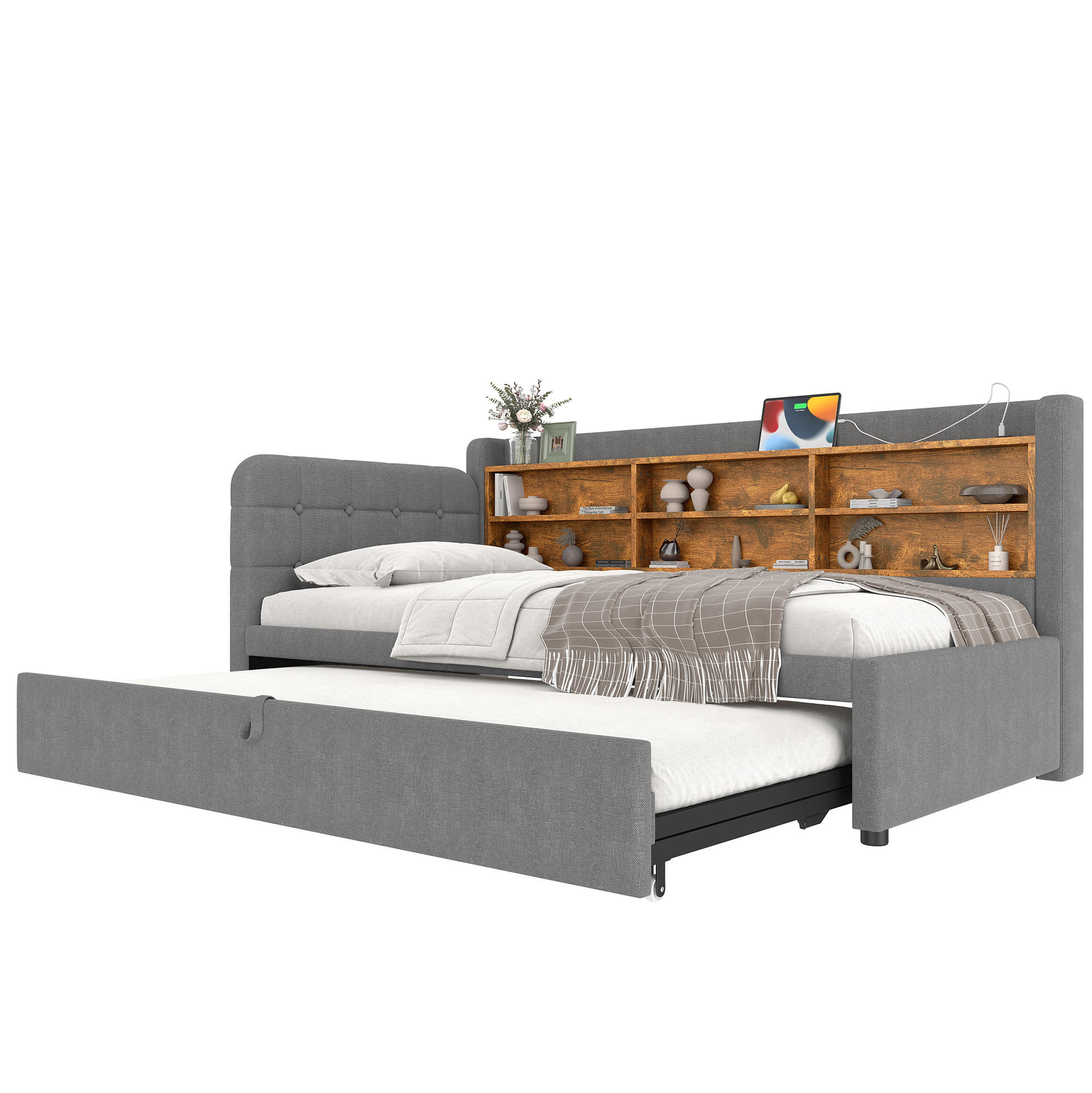 POLSTERBETT 90/200 cm Grau aus Leinen mit Ausziehbett und USB - Grau, Textil (90/200cm) - OKMYHOME