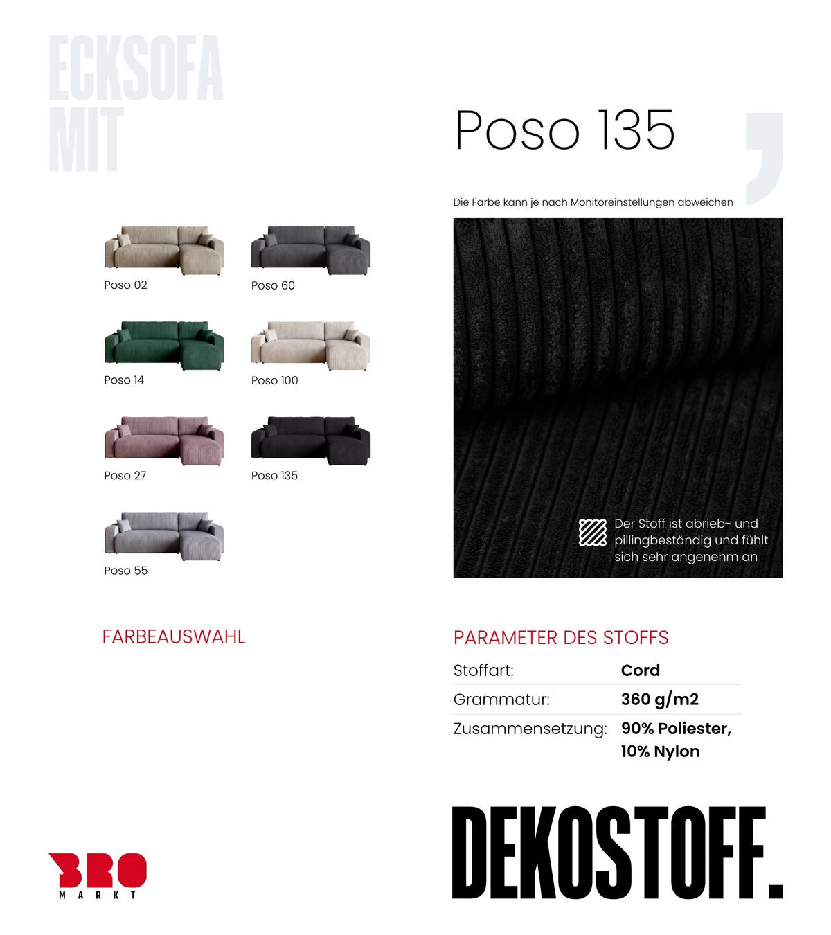 ECKSOFA PUMI mit Schlaffunktion Schwarz Cord - Schwarz, Textil (244/148cm) - Bromarkt