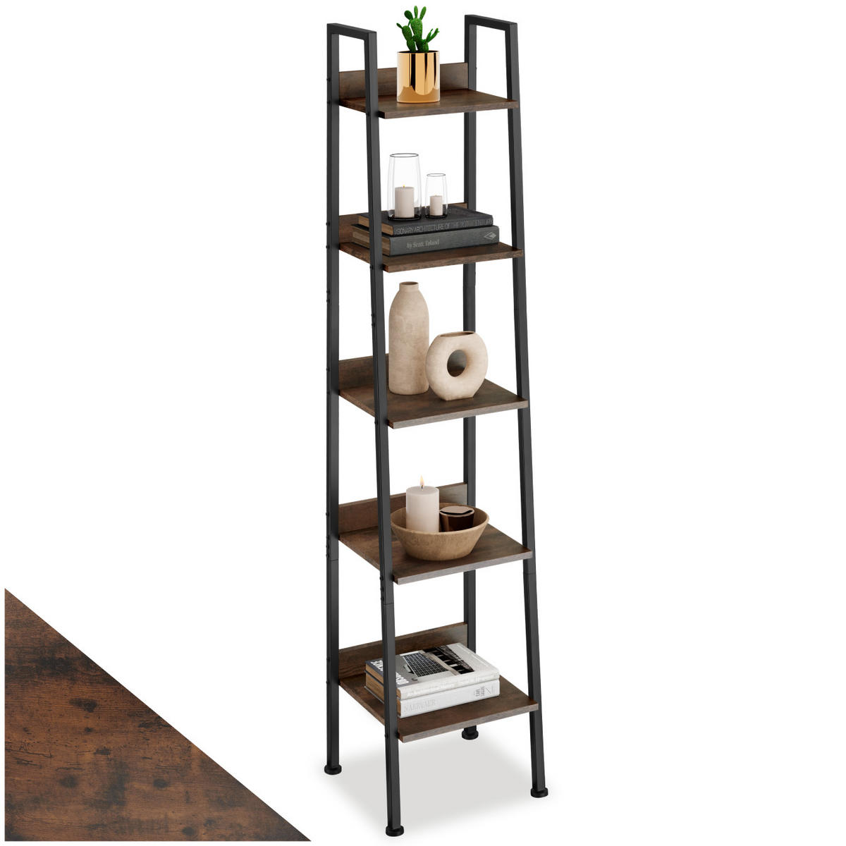 LEITERREGAL Folkestone,inklusive Kippschutz, 35,5 x 31,5 x 170,5 cm,Industrial Holz dunkel, rustikal - Rostfarben, Holzwerkstoff (31.5/170.5/35.5cm) - tectake