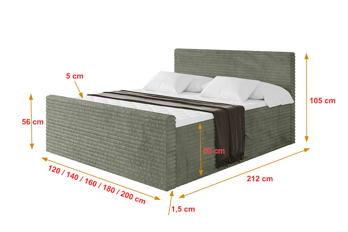 BOXBETT mit Matratze H4 und Lattenrost - TOLO-Z-v1 - 200x200 Cord - Olive - Olivgrün, Holzwerkstoff (200/200cm)