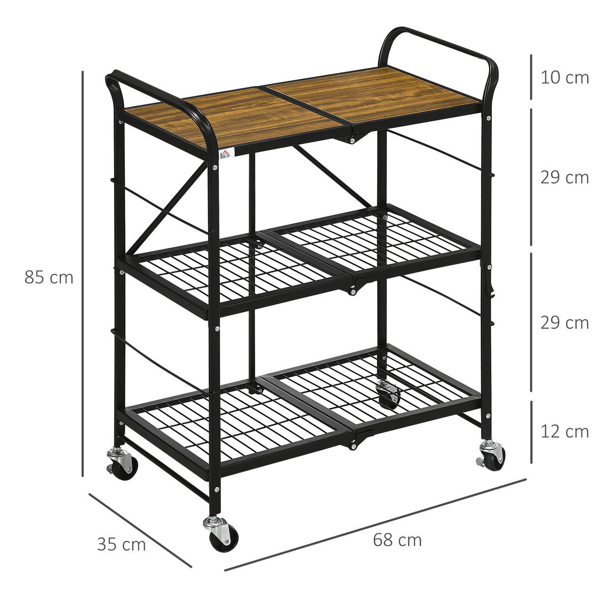 ROLLWAGEN, Klappbarer Küchenwagen, Servierwagen mit 3 Ebenen, Griff, Stahl - Multicolor, Holzwerkstoff (35/85/68cm) - HOMCOM