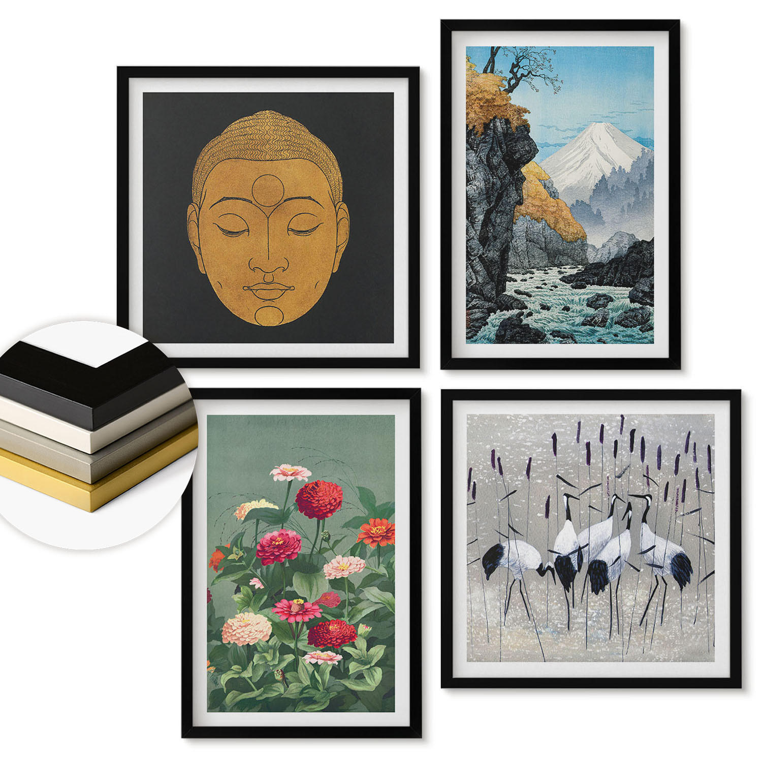 WANDBILDER 4er-Set - 50x50 cm & 40x60 cm Schwarzer Rahmen - Japanische Natur und Japandi-Stil - Schwarz, Kunststoff (50/50cm) - ArtPrintCave