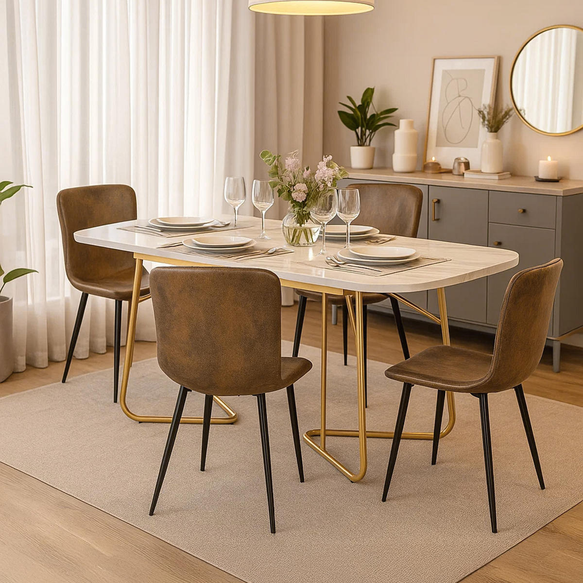ESSTISCH SET Marmoroptik mit 4 Stühlen Vintage Braun Metallgestell - Braun, Holzwerkstoff (180/75/80cm) - Urban Meuble