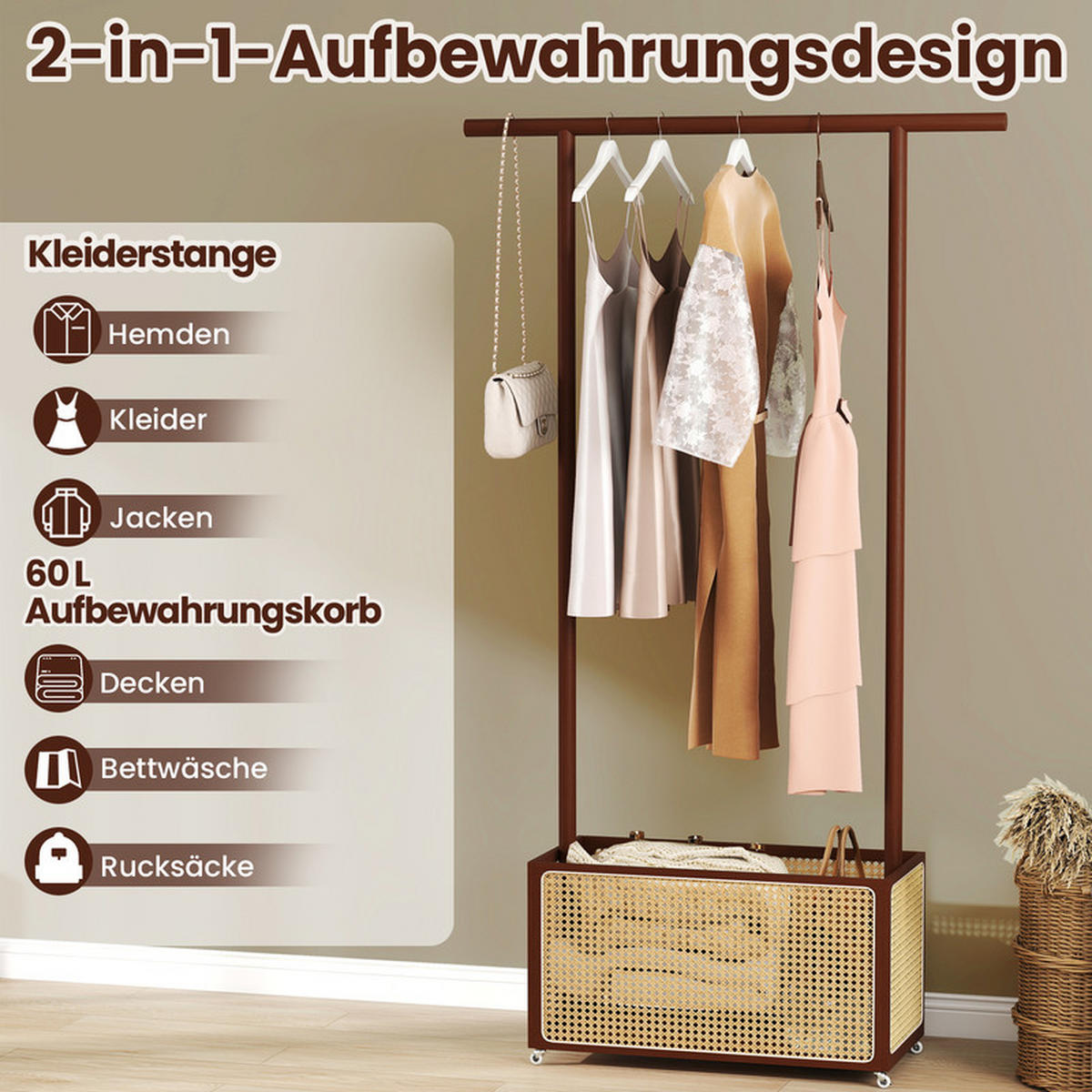 GARDEROBENSTÄNDER mit PE-Rattan-Aufbewahrungskorb braun - Braun, Naturmaterialien (100/172/32.5cm) - COSTWAY