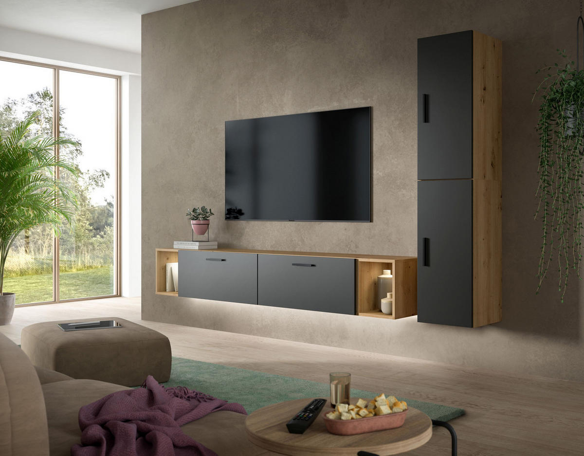 WOHNWAND INKL BELEUCHTUNG The One Basalt grau 259/34/182 cm - Braun, Holzwerkstoff (259/182/34cm) - Xonox