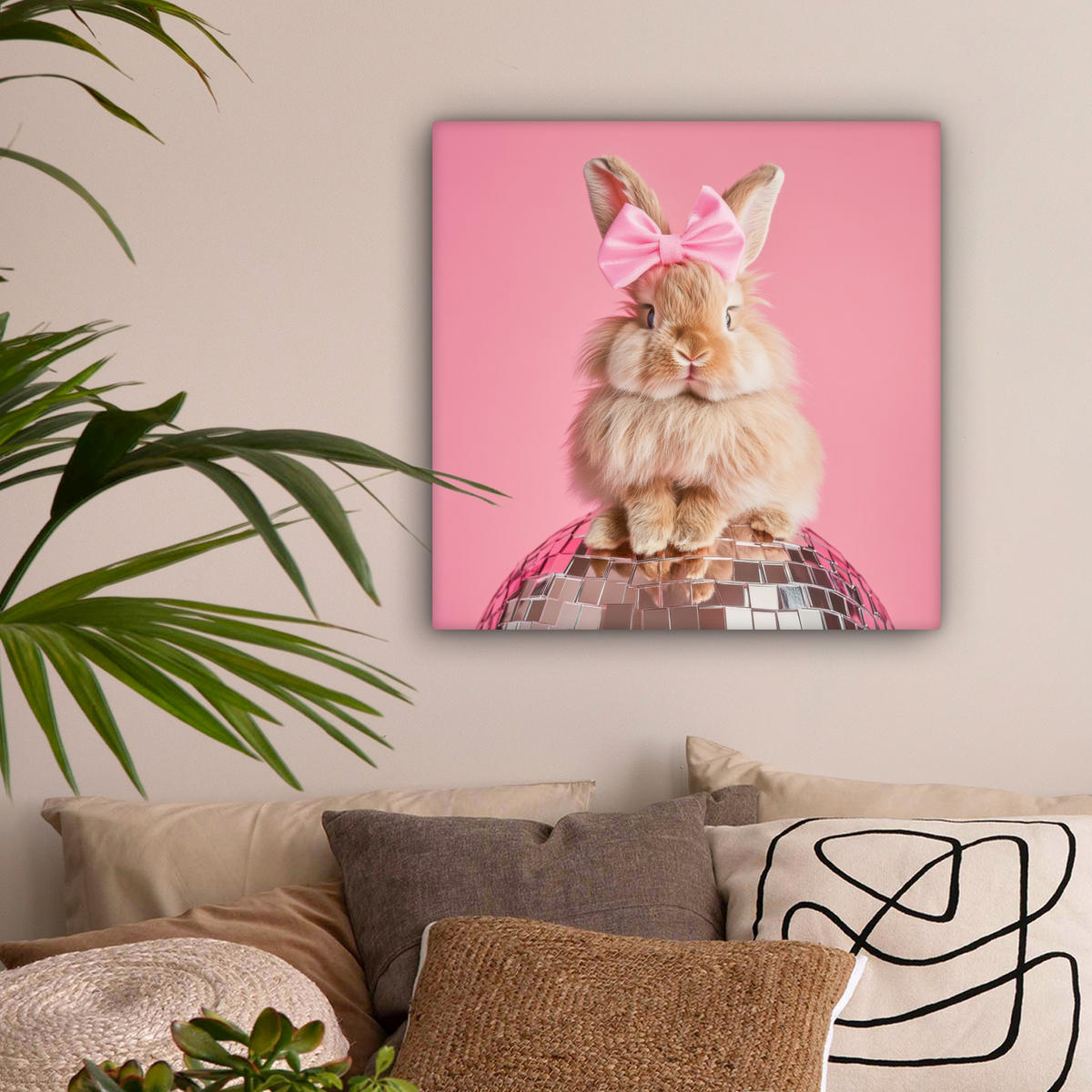 LEINWANDBILD Schleife - Discoball - Kaninchen Wandbild Wohnzimmer 50x50 cm - Pink, Textil (50/50cm) - MuchoWow