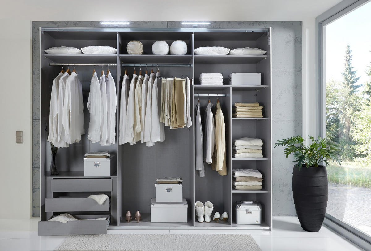 SCHWEBETÜRENSCHRANK 3-türig B300/H216/T65 cm inkl. Vollausstattung in Weiß mit Spiegel / 22019 - Schwarz/Weiß, Holzwerkstoff/Metall (300/216/65cm) - luma-home