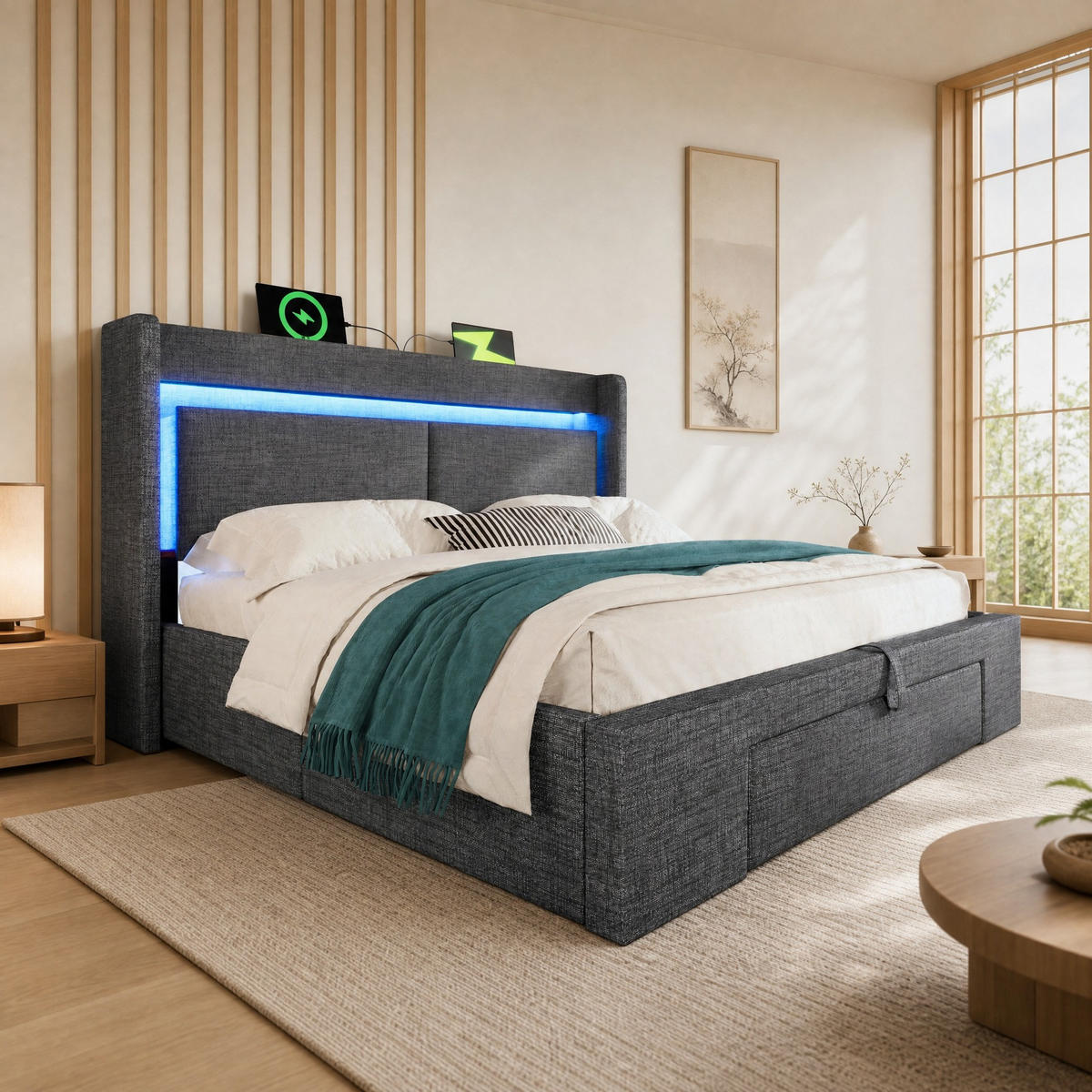 POLSTERBETT 140/200 mit Bettkasten, LED und USB-C in Grau - Grau, Holzwerkstoff/Textil (140/200cm) - EVRYAE