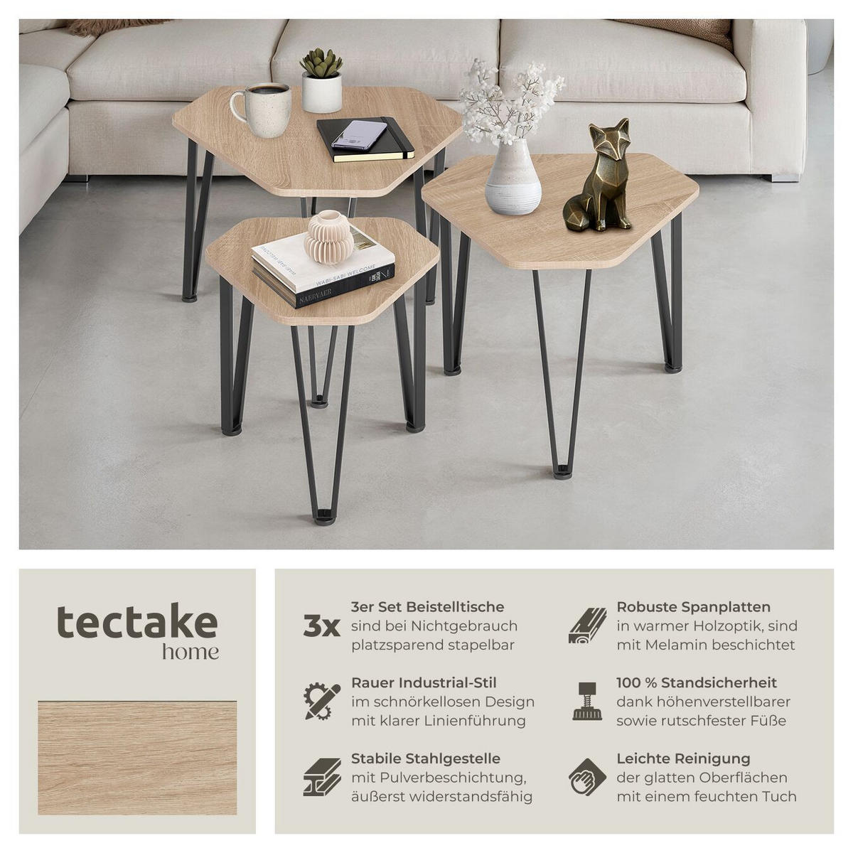 BEISTELLTISCH-SET Torquay,stapelbar,Industrial Holz hell, Eiche Sonoma - Naturfarben, Holzwerkstoff (58.7/52/45.5cm) - tectake