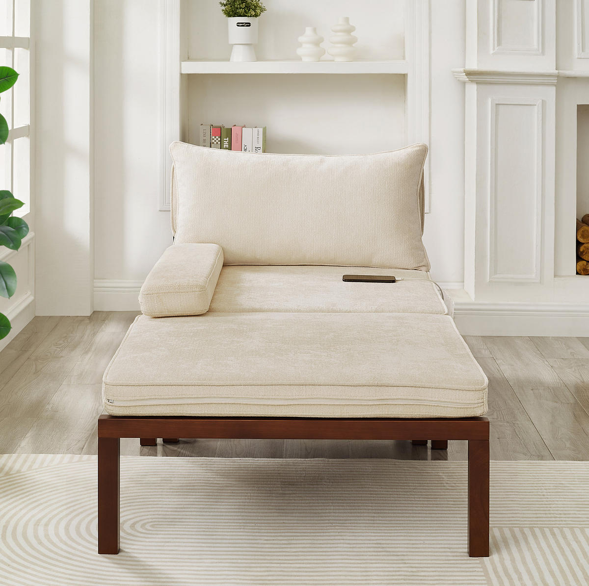 SCHLAFSESSEL 2-in-1 ausziehbar Velvet Beige mit USB Type-C - Beige, Holz (82/79/176cm) - Meubliv