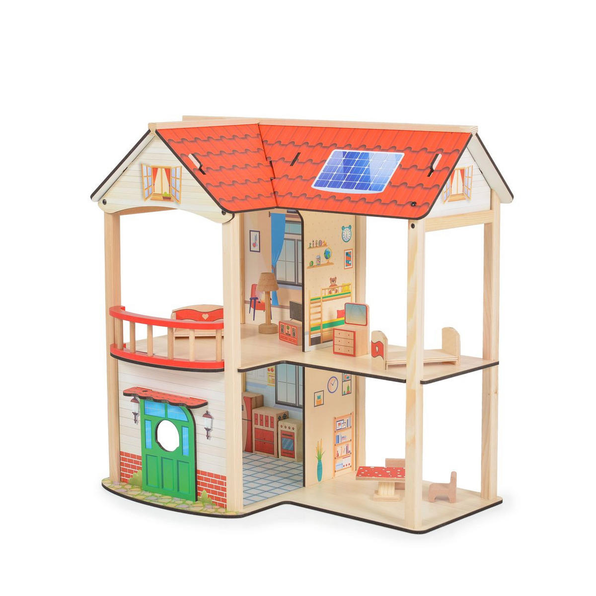 PUPPENHAUS Elly rot Holz, 11 Möbelstücke, 2 Etagen, 4 Zimmer, Küche, Bad, Türen, Puppe - Rot, Holz (32/53/53cm) - Moni
