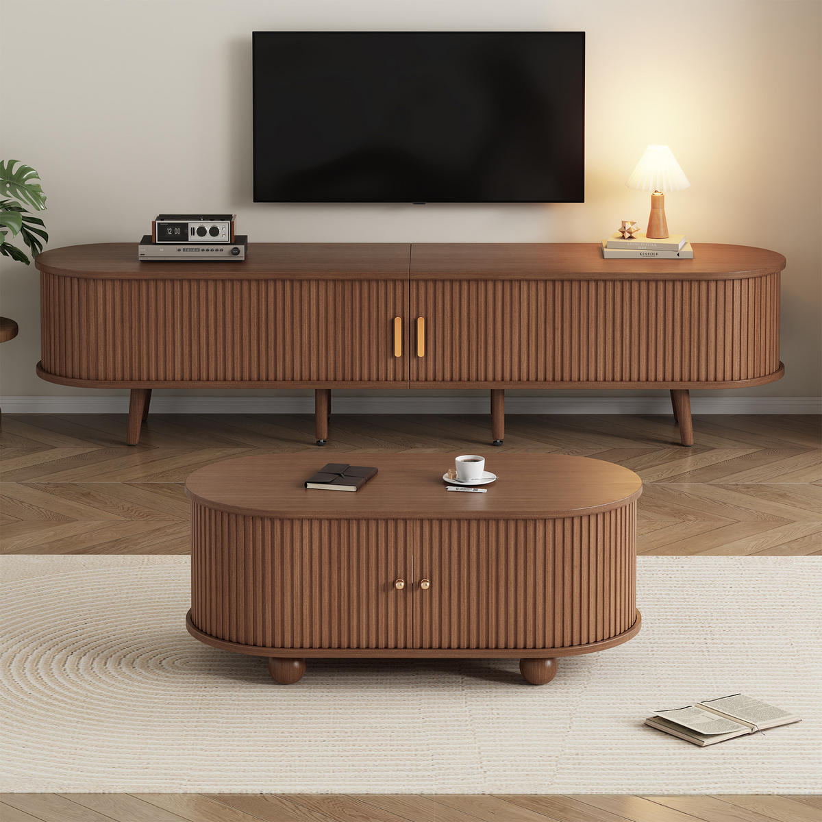 WOHNZIMMER-SET in Walnussfarben mit Schubladen und Teleskoptüren für Wohnzimmer, B175/T40/H42 cm - Walnussfarben, Holz/Holzwerkstoff (175/42/40cm) - STILVORA