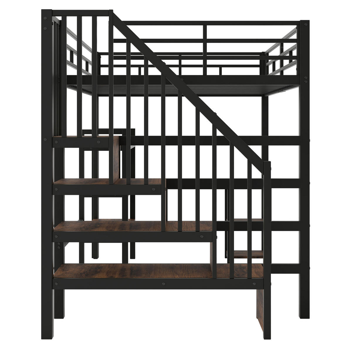 HOCHBETT MDF Metall 140x200 cm Schwarz mit Schreibtisch, Stauraumtreppe, Regal, LED und Ladestation - Schwarz, Holzwerkstoff (140/200cm) - Modfu