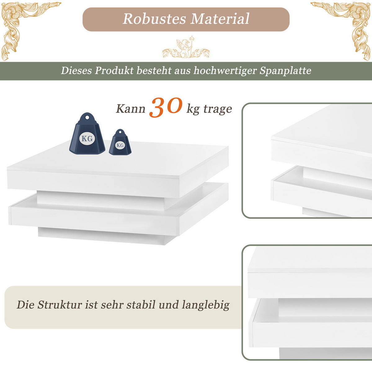 COUCHTISCH 70x70cm Weiß Quadratisch Bluetooth LED Techno Stil 45kg - Weiß, Holz (80/79.5/14.7cm) - FLIEKS