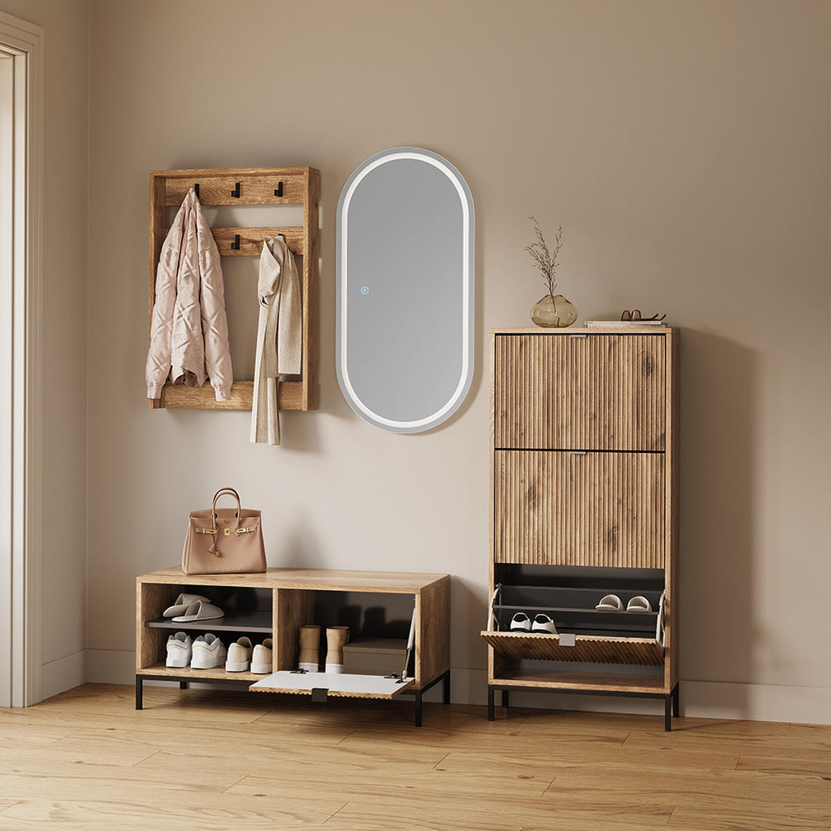 SCHUHKIPPER Aterno Viking Oak 60 x 130 cm mit 3 Klappschubladen - Eichefarben, Holzwerkstoff (60/130/24cm) - Livinity®