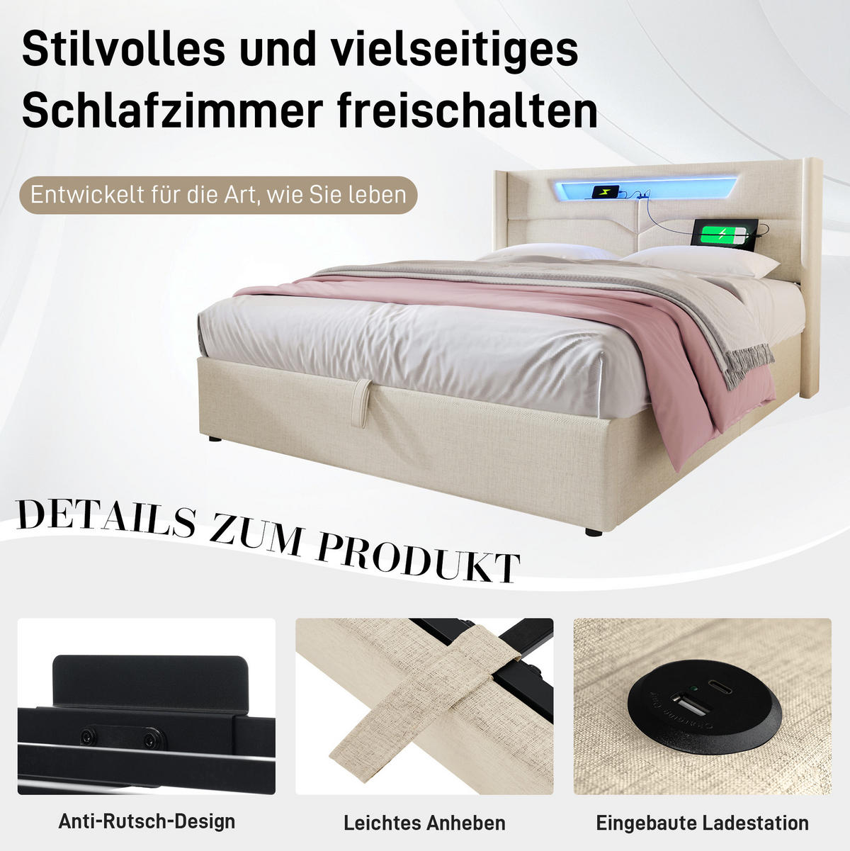 POLSTERBETT 160/200 cm Beige aus Leinen mit LED-Beleuchtung und USB-Anschluss - Beige, Textil (160/200cm) - OKMYHOME