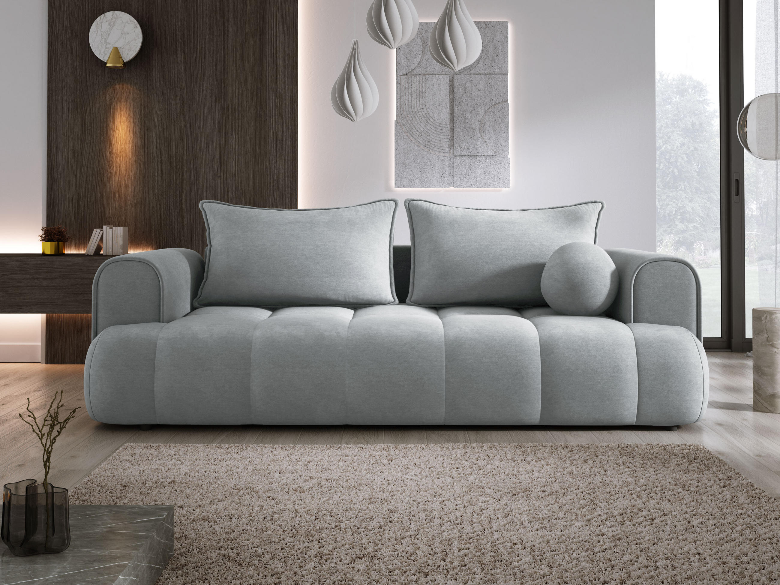 SOFA COCO SCHLAFSOFA mit Bettfunktion, CLOUD Stoffbezug, 2-Sitzer, freistehend, Größe: 250x105x90 cm, Esche - Silberfarben, Holz/Textil (250/90/105cm) - DomoHome