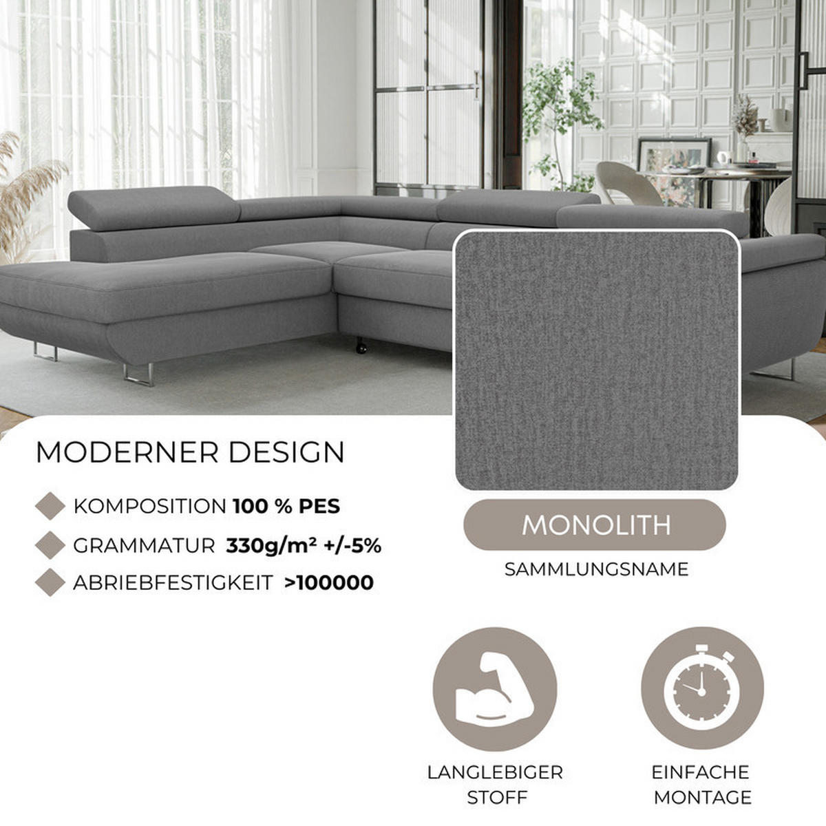ECKSOFA ANTON mit Schlaffunktion und Bettkasten Dunkelgrau - Dunkelgrau, Holzwerkstoff/Kunststoff (274/203cm) - Idohome