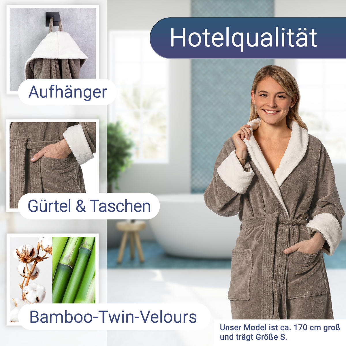 BADEMANTEL, S, Außen: 100% Polyester; Innen: 50% Bambus-Viskose, 50% Baumwolle , Braun - Hellbraun, Textil (Snull) - Zollner