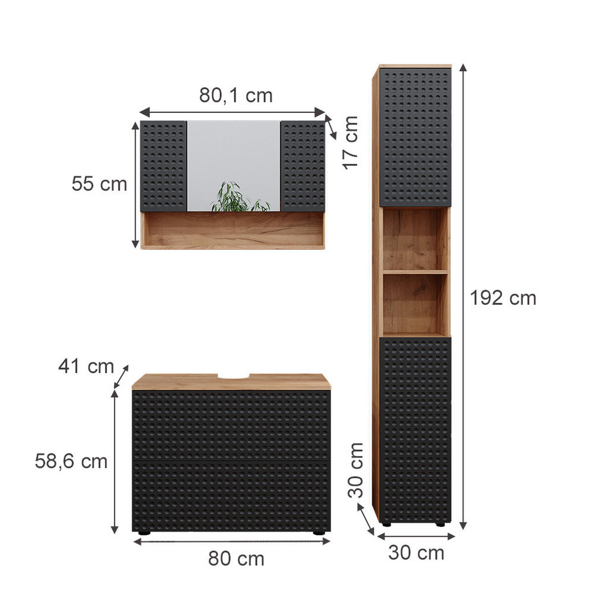 BADMÖBEL-SET Irma Anthrazit gepunktet 3 Teile mit Spiegelschrank 80 cm - Honigeiche/Anthrazit, Holzwerkstoff (80/58.6/41cm) - Vicco