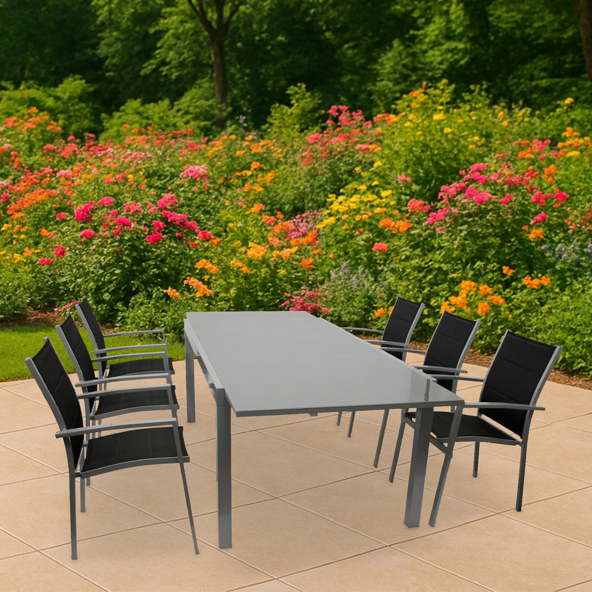 GARTEN-GARNITUR Ashford - 7-teilige Garten-Essgruppe (6x Stapelsessel mit Armlehnen, 1x Ausziehtisch 180/240x100cm), Gestell Aluminium - Schwarz, Metall - TPFGarden