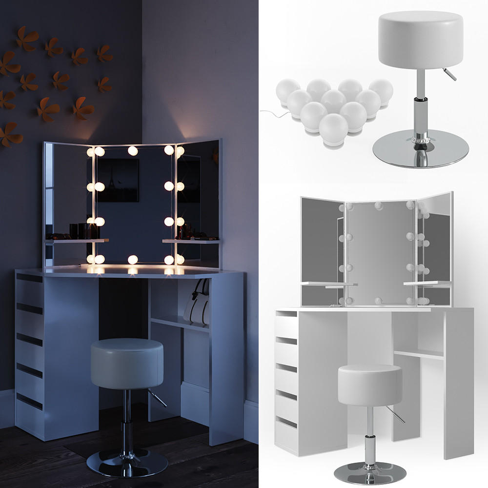 ECKSCHMINKTISCH Arielle Weiß 110 cm mit Hocker - Weiß, Holzwerkstoff (110/141.5/54cm) - Vicco