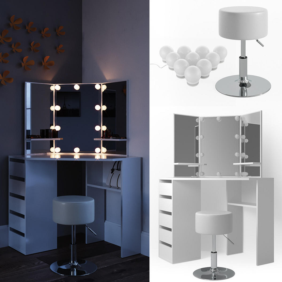 ECKSCHMINKTISCH Arielle Weiß 110 cm mit Hocker - Weiß, Holzwerkstoff (110/141.5/54cm) - Vicco