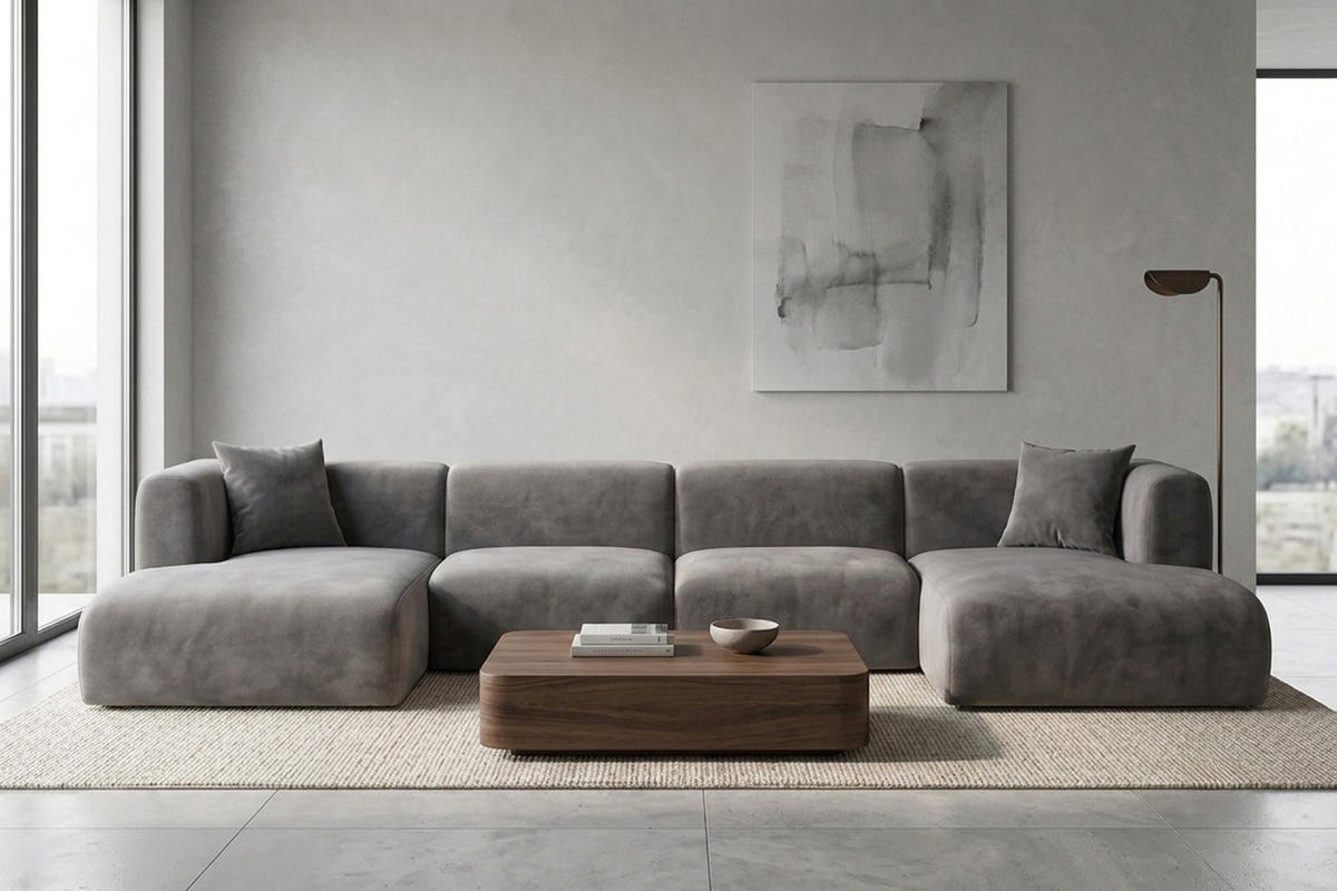 ECKSOFA U-Form, Velvet-Stoff Bluvel, Aschgrau, GRETA - Grau, Holz (408/70/179cm) - Kaiser Möbel