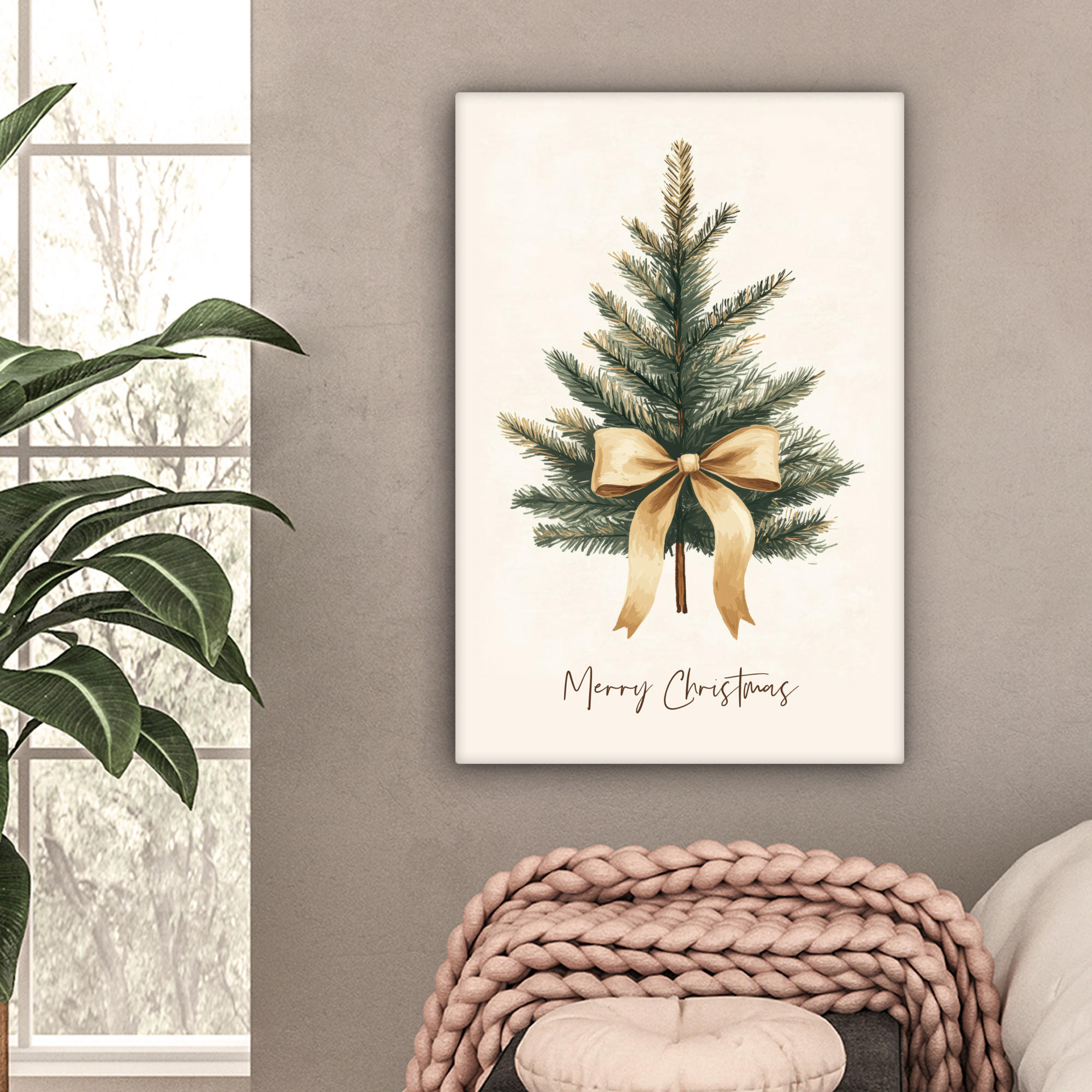 LEINWANDBILD Weihnachtsbaum - Weihnachten - Frohe Weihnachten - Beige 60x90 cm - Sandfarben, Textil (60/90cm) - MuchoWow