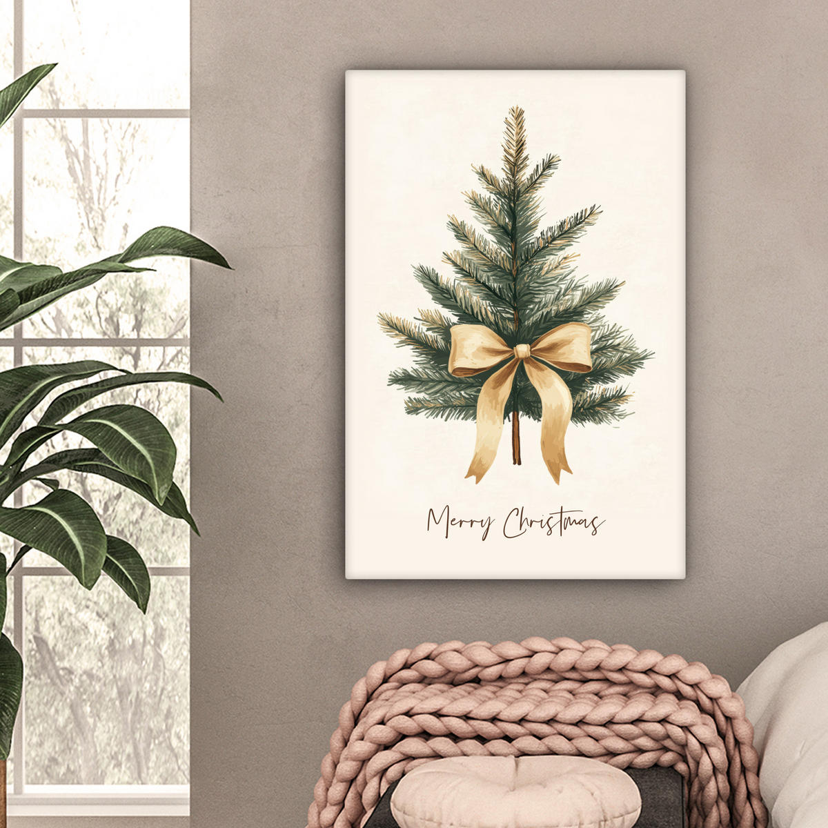 LEINWANDBILD Weihnachtsbaum - Weihnachten - Frohe Weihnachten - Beige 60x90 cm - Sandfarben, Textil (60/90cm) - MuchoWow