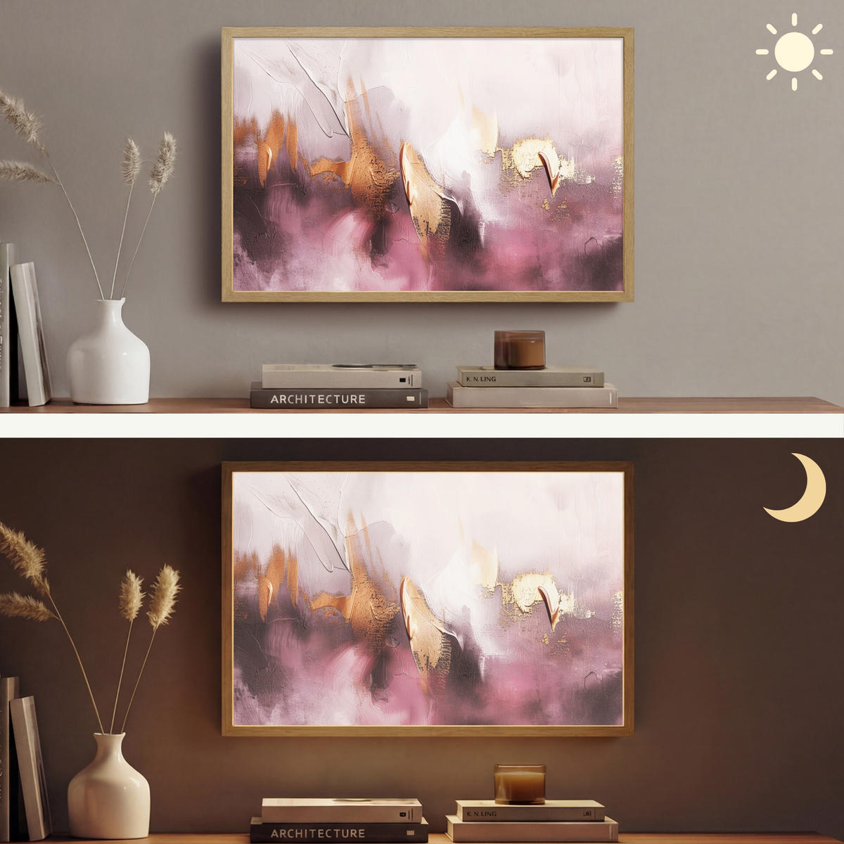 NÁSTĚNNÁ LAMPA S AKUMULÁTOREM Fialová - abstraktní - barva - zlatá 60x40 cm - světle fialová, kompozitní dřevo (60/40/8cm) - OnlyWow
