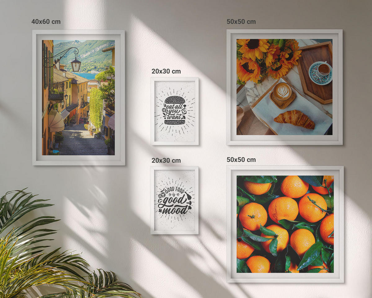 BILDER SET 5er Set - 50x50 cm & 20x30 cm & 40x60 cm Weißer Rahmen - Juicy Oranges Kitchen - Weiß, Kunststoff (40/60cm) - TULUP