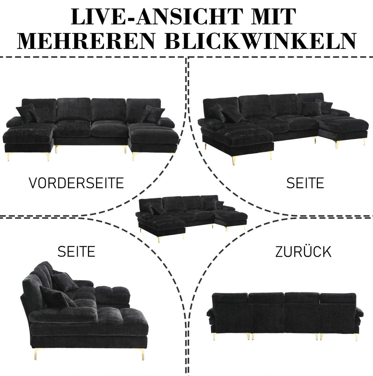 WOHNLANDSCHAFT 272/136/88 cm in Schwarz aus Chenille, U-Form mit 2 Liegeflächen - Schwarz, Textil (136/88/272cm) - Flora Grace