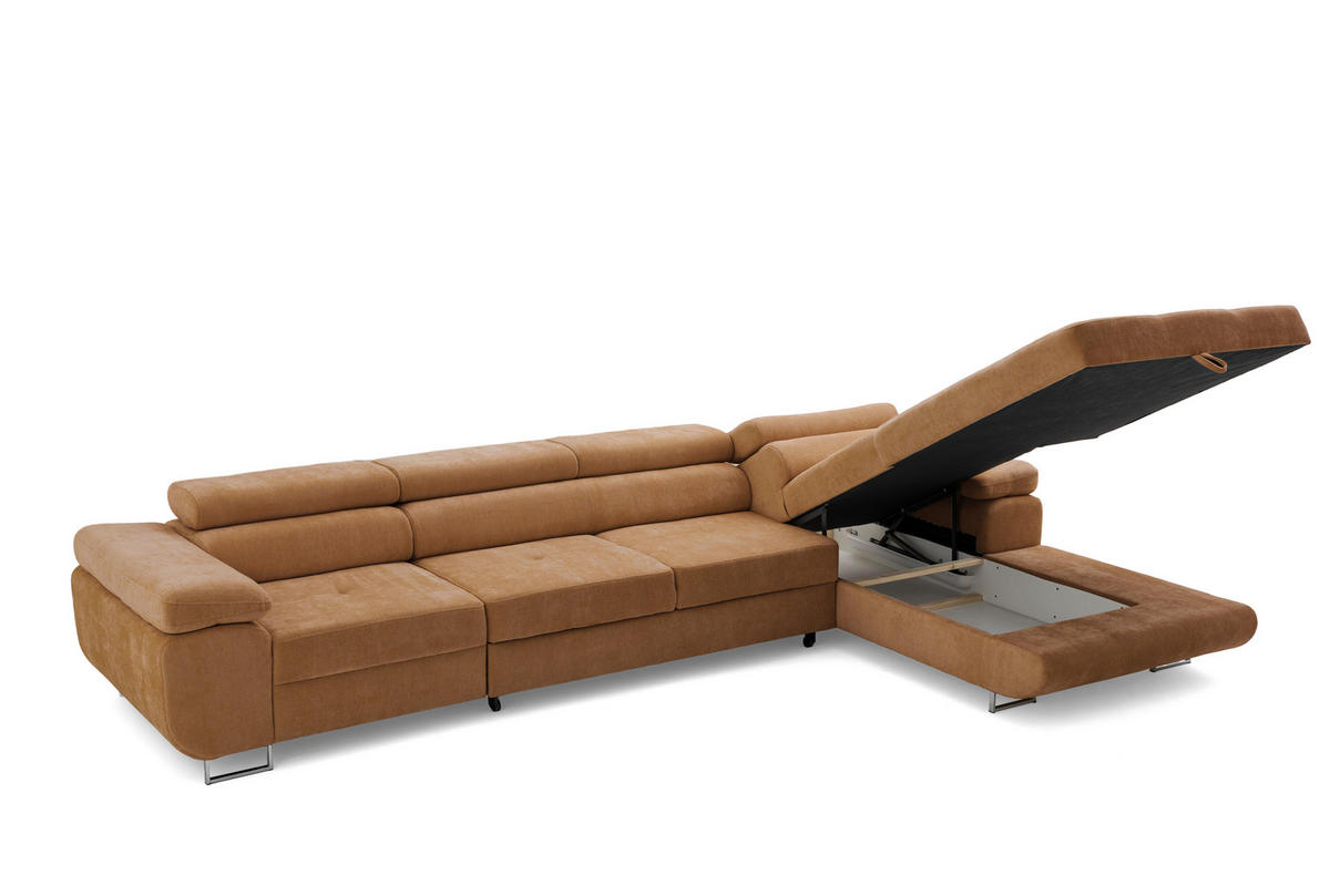 ECKSOFA ALONZO MAXI Rechts mit Schlaffunktion 125x195 Chenille Braun - Chromfarben/Braun, Holz/Textil (350/203cm) - Muffo