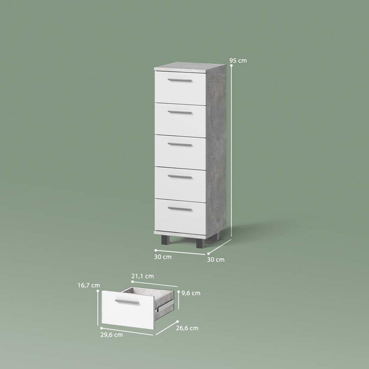 BADSCHRANK Eisak Beton 30 x 95 cm - Grau, Holzwerkstoff (30/95/30cm) - Livinity®