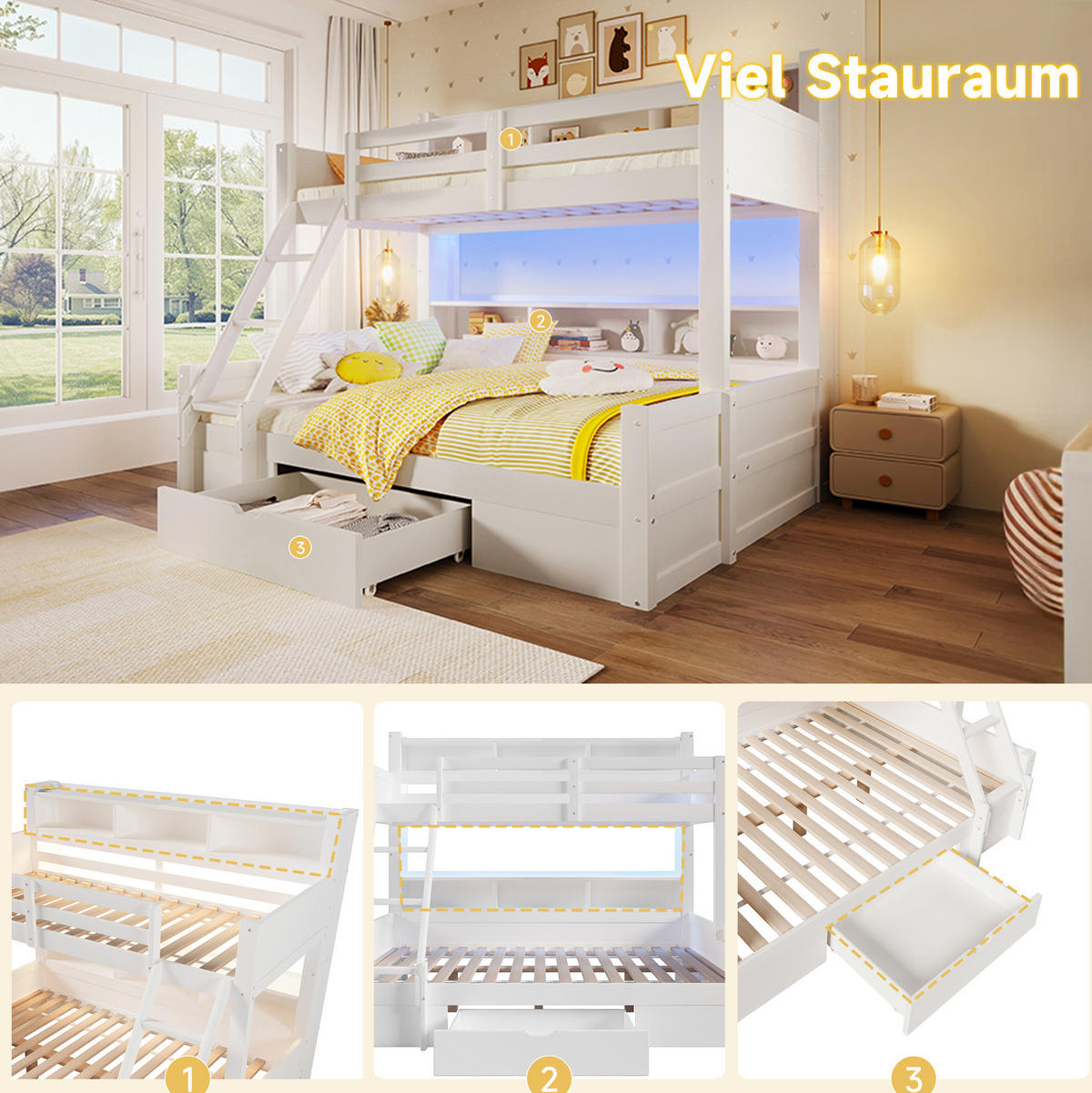 ETAGENBETT 90/200 cm + 140/200 cm in Weiß mit LED-Beleuchtung und Stauraum - Weiß, Holz (90/200cm) - OKMYHOME