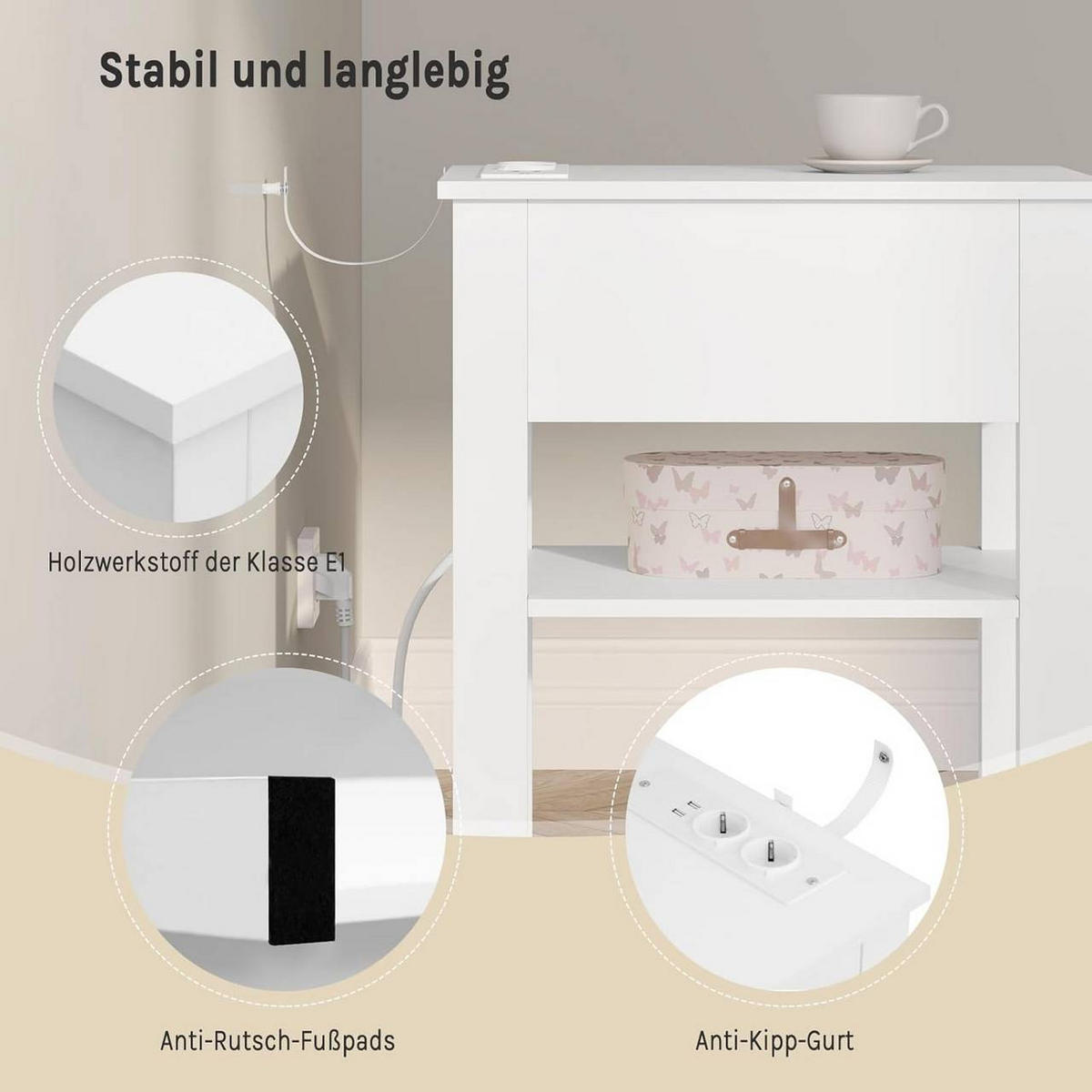 NACHTTISCH mit Ladefunktion, 2 Steckdosen, 2 USB-Anschlüssen - Weiß, Holzwerkstoff (30/65/45cm) - Woltu