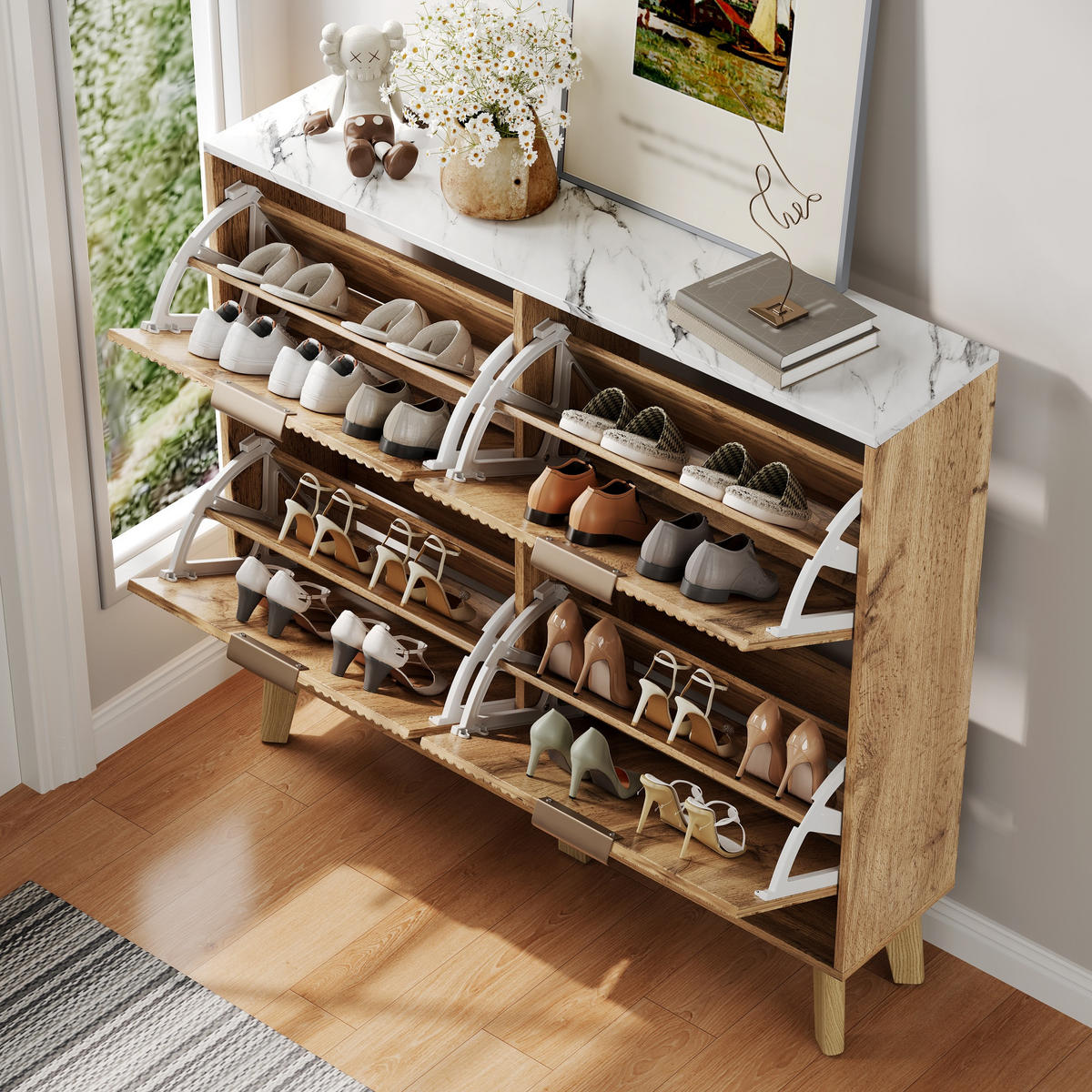 SCHUHSCHRANK aus MDF 105x24x95,5cm in Natur mit 4 Klapptüren - Naturfarben, Holzwerkstoff (105/95.5/24cm) - Modfu