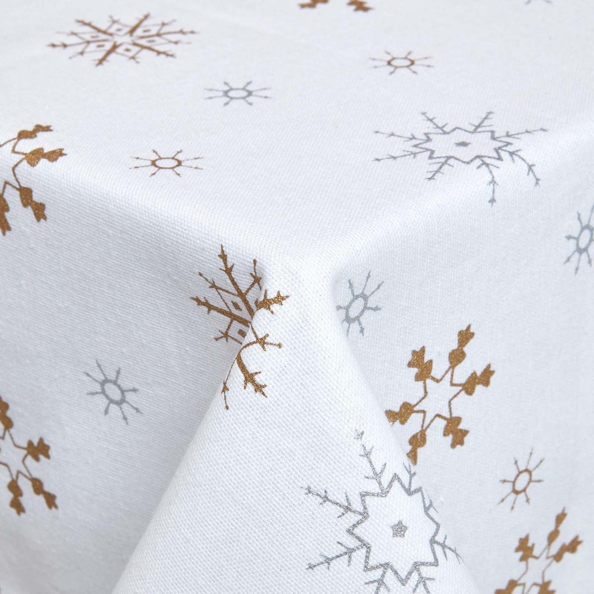 TISCHDECKE Weihnachten, weiß-gold mit Schneeflocken, 137/137 cm - Weiß, Textil (137/137cm) - Homescapes