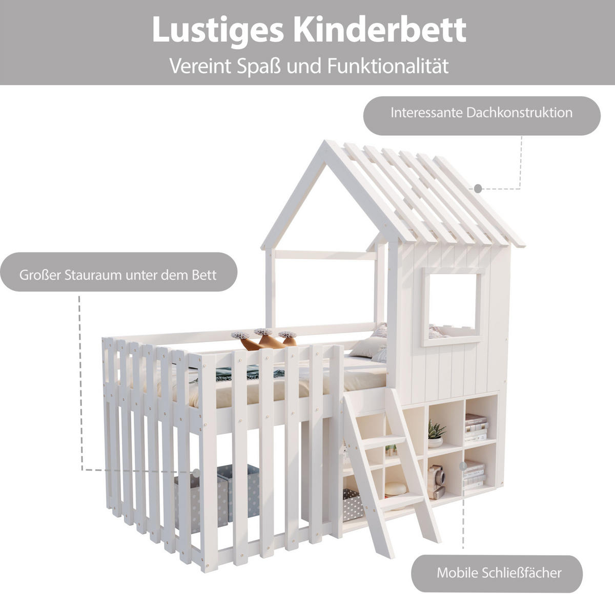 HAUSBETT 90/200 cm Weiß aus Massivholz mit Stauraum und Spielhaus-Design - Weiß, Holz (90/200cm) - Flora Grace