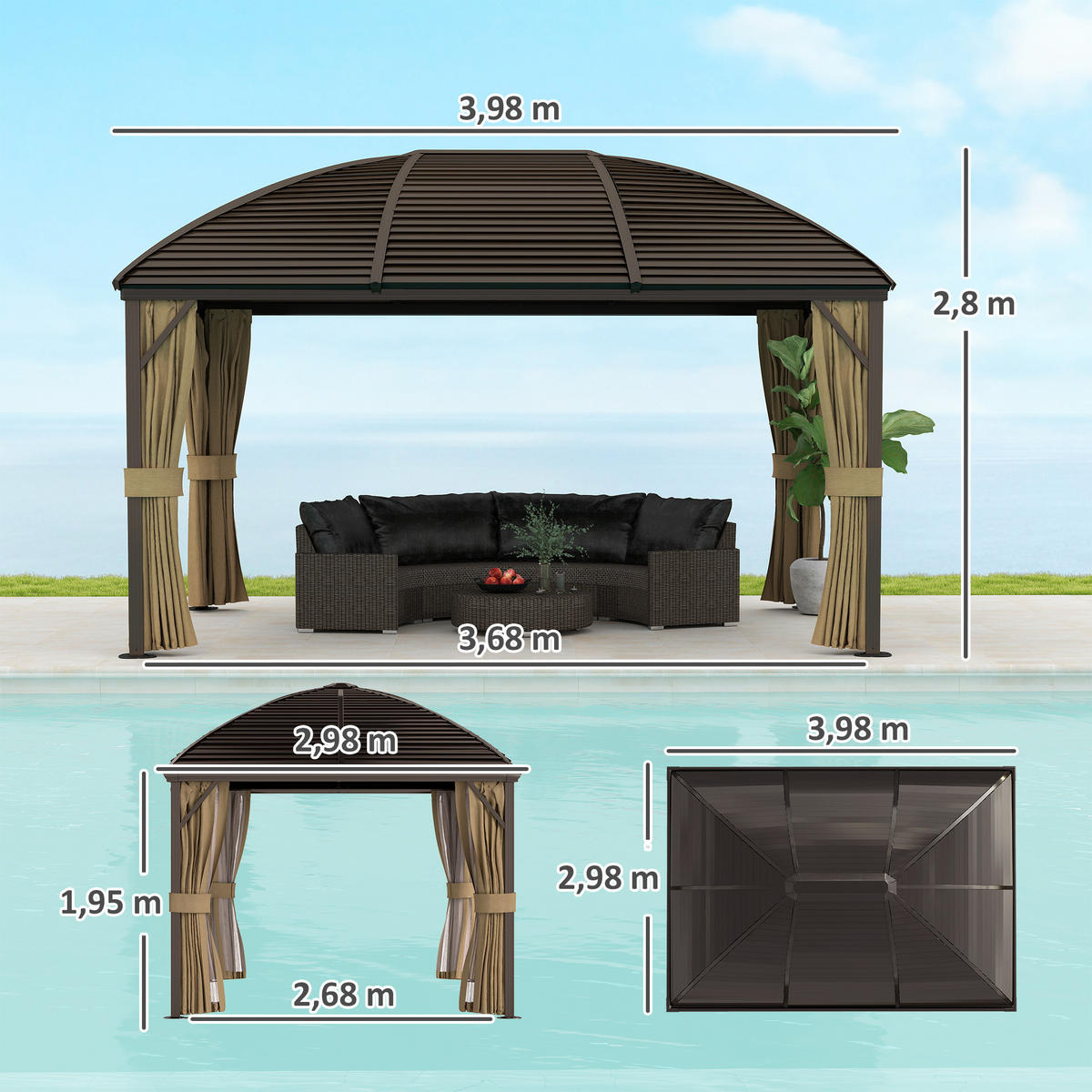 GARTENPAVILLON, Partyzelt, Festzelt, 4 x Doppel-Seitenteile, wasserdicht, 2 Laternenhaken, ca. 4 x 3 x 2,8 m, Braun - Braun, Metall (398/280/298cm)
