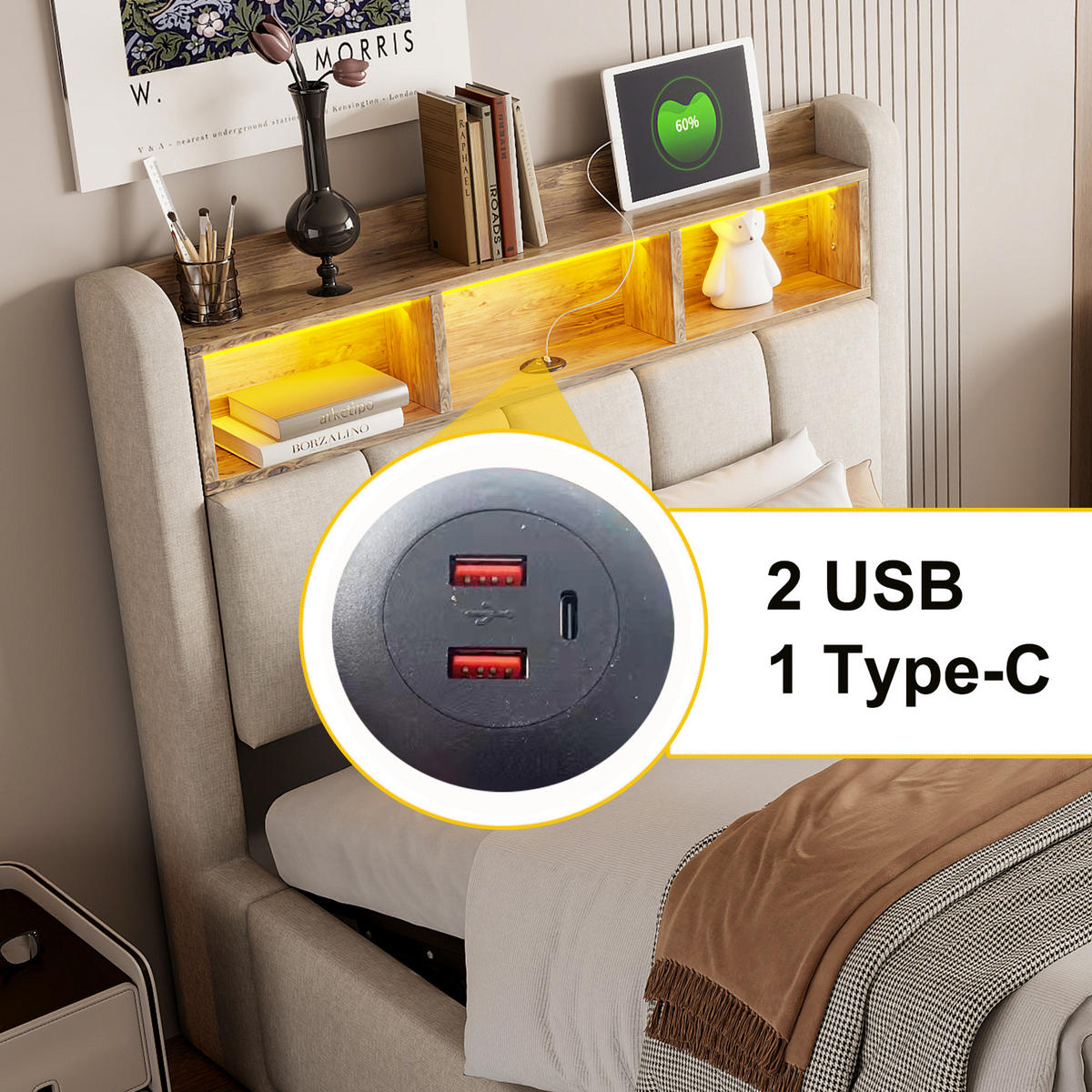 POLSTERBETT 90/200 cm Beige mit USB- und LED-Beleuchtung und hydraulischem Stauraum - Beige, Textil (90/200cm) - OKWISH